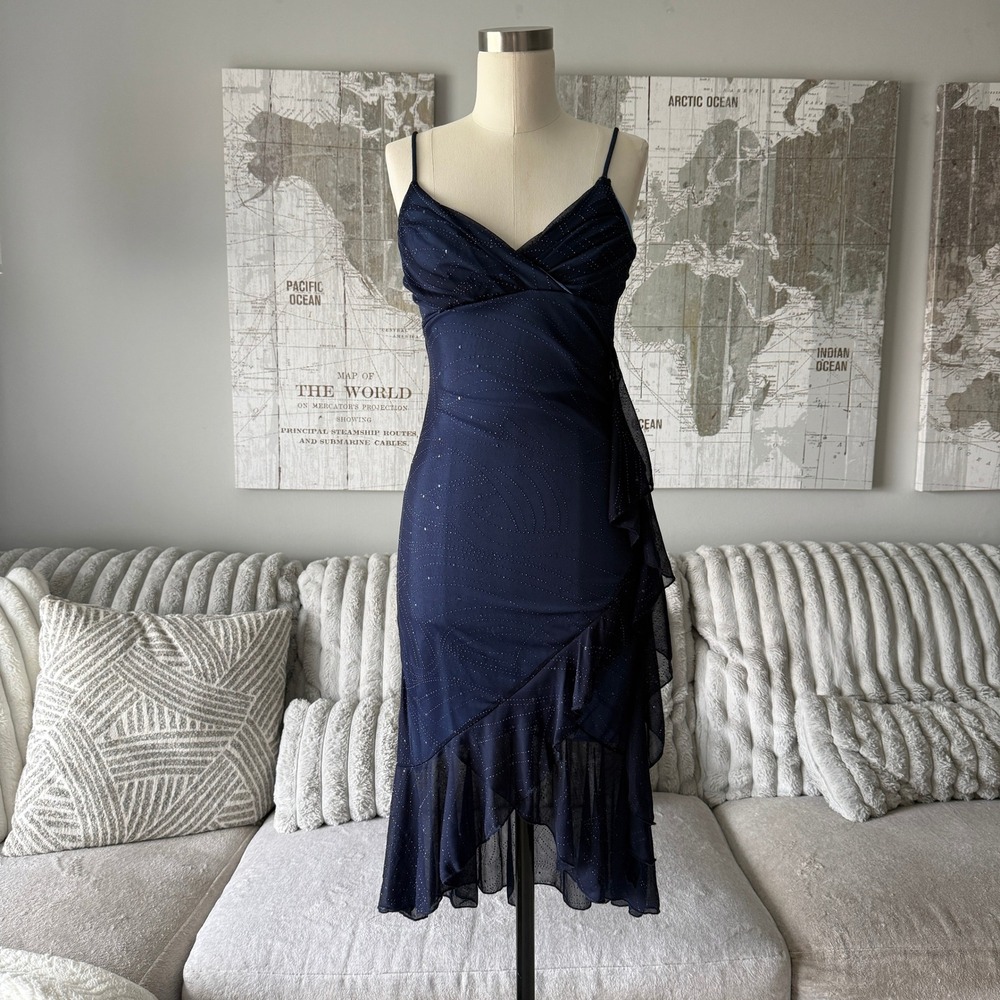 Vintage Taboo Navy Blue Glitter Mesh Ruffle Asymmetrical Dress Small 74963